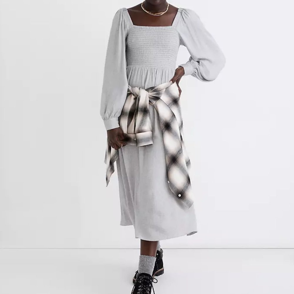 Madewell Light Gray Smocked Midi Dress